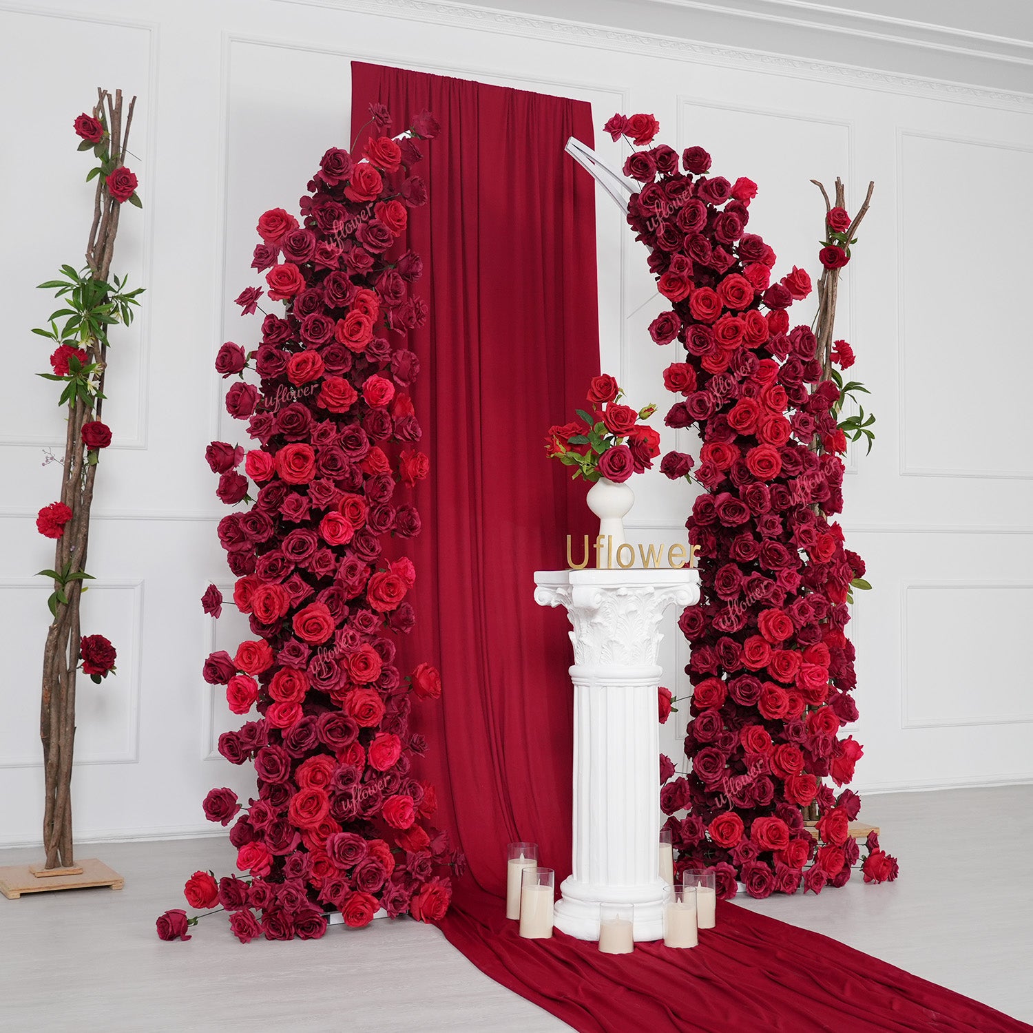 Uflower Red Rose Floral Horn Arch Wedding Party Backdrop Decor