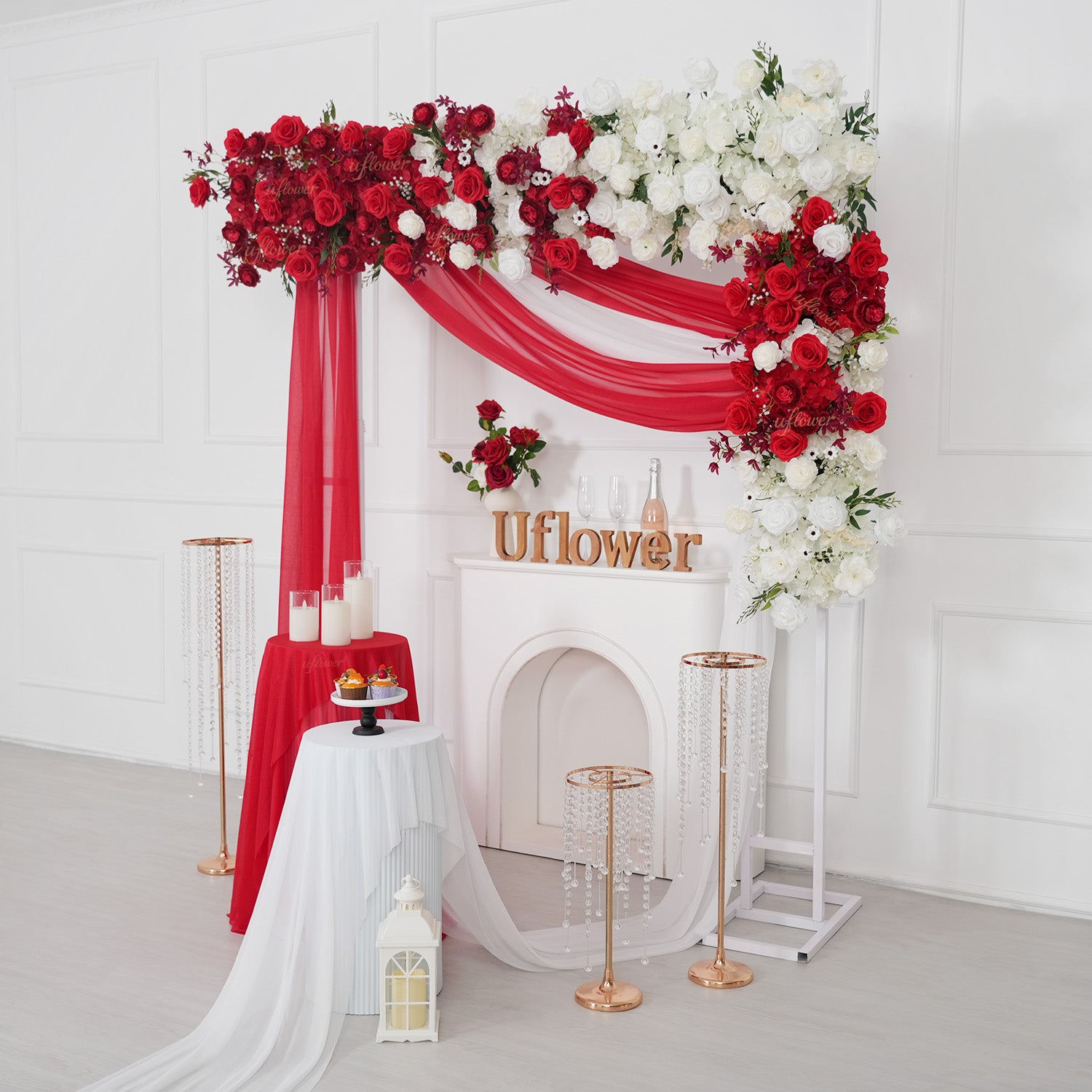 Uflower Artificial Red White Rose Flower Row Wedding KT Backdrop Decor
