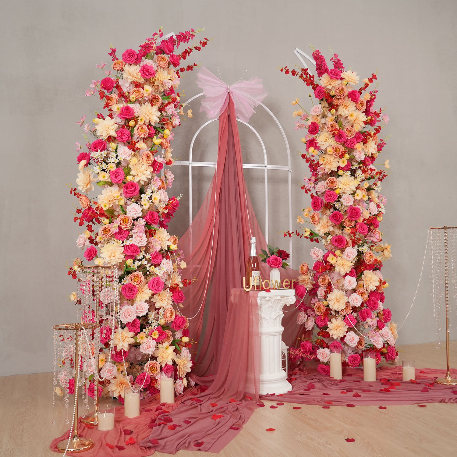Uflower Champagne Pink Flower Horn Arch Wedding Party Birthday Backdrop Decor
