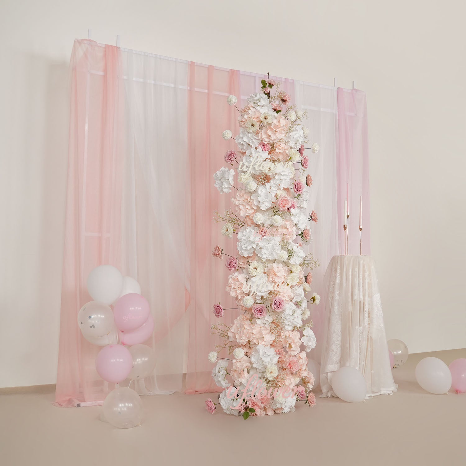 Uflower Artificial Pink White Flower Row Wedding KT Backdrop Decor