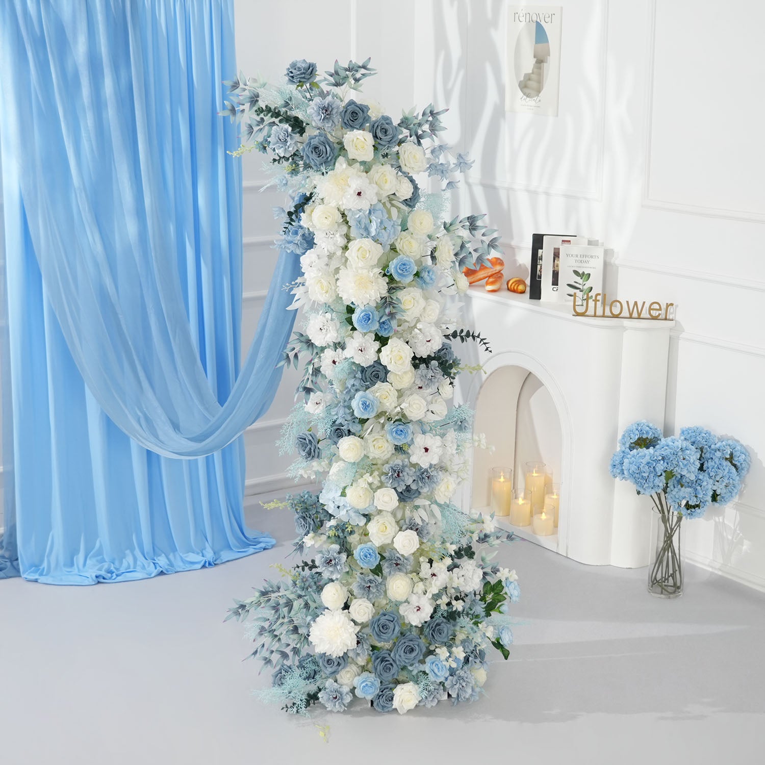 Uflower Horn Arch Blue White 5D Floral Arrangement Wedding Decor