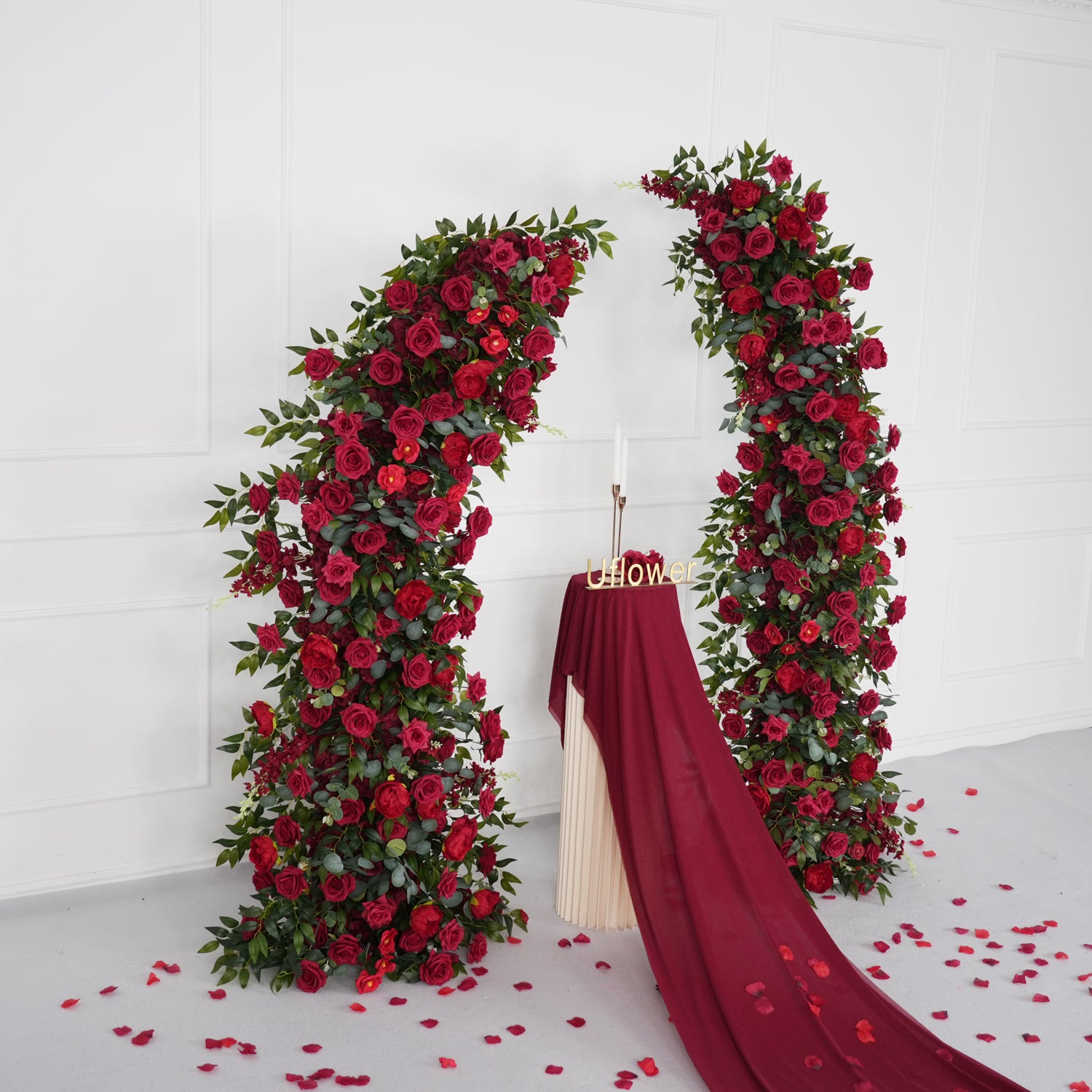 Uflower Red Rose Floral Arch Wedding Backdrop Decor