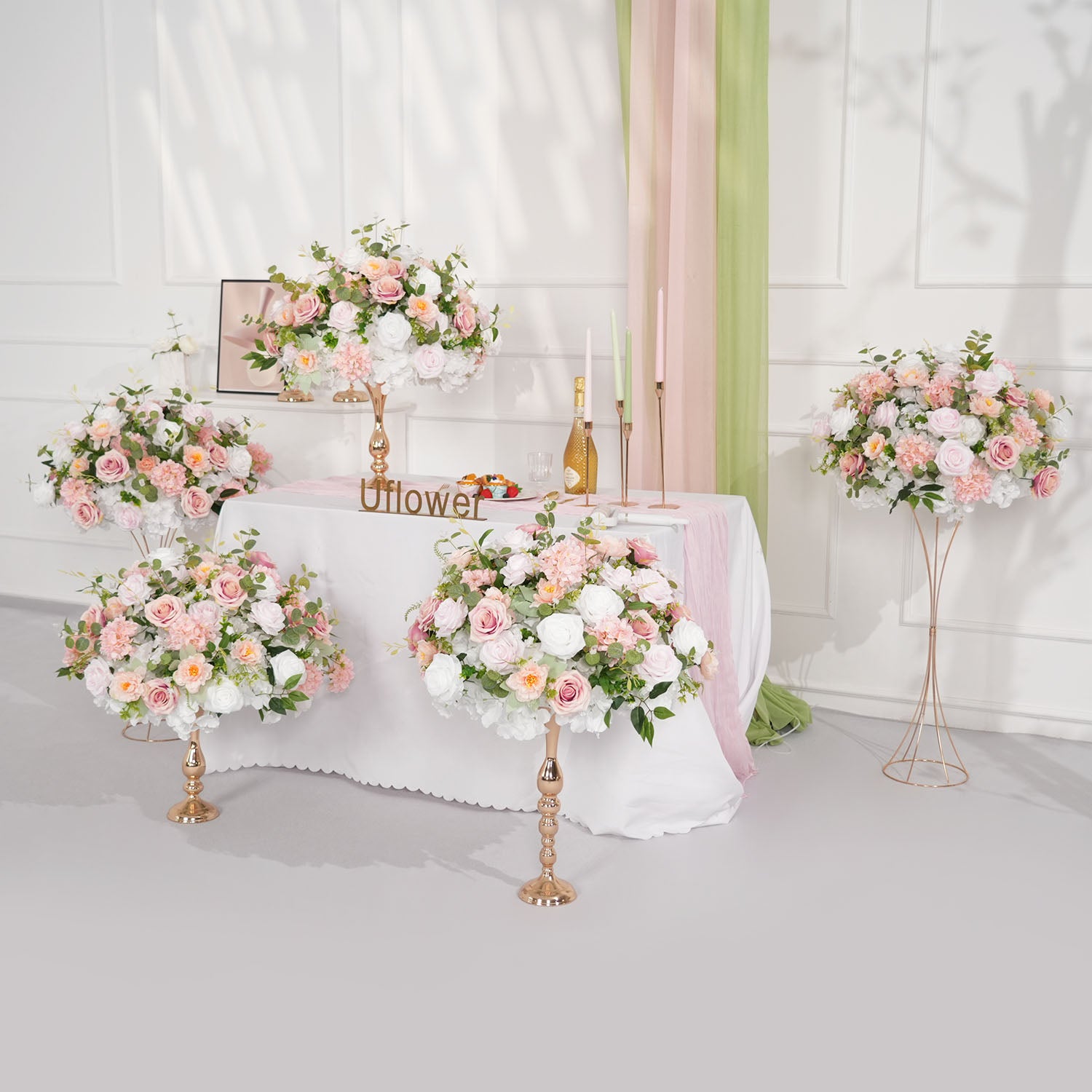 Uflower Pink White Rose Green Leaf Table Centerpieces Floral Ball Wedding Decoration