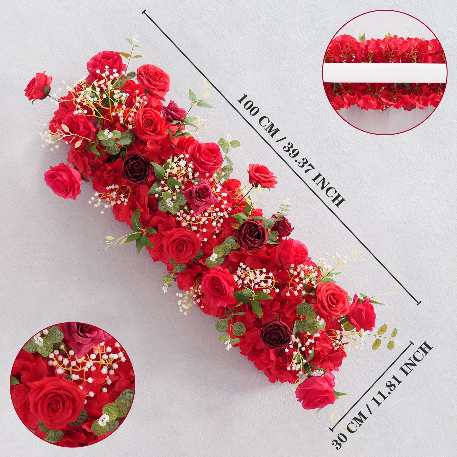 Uflower Artificial Red Rose Babysbreath Green Leaf Flower Row Wedding KT Backdrop Decor