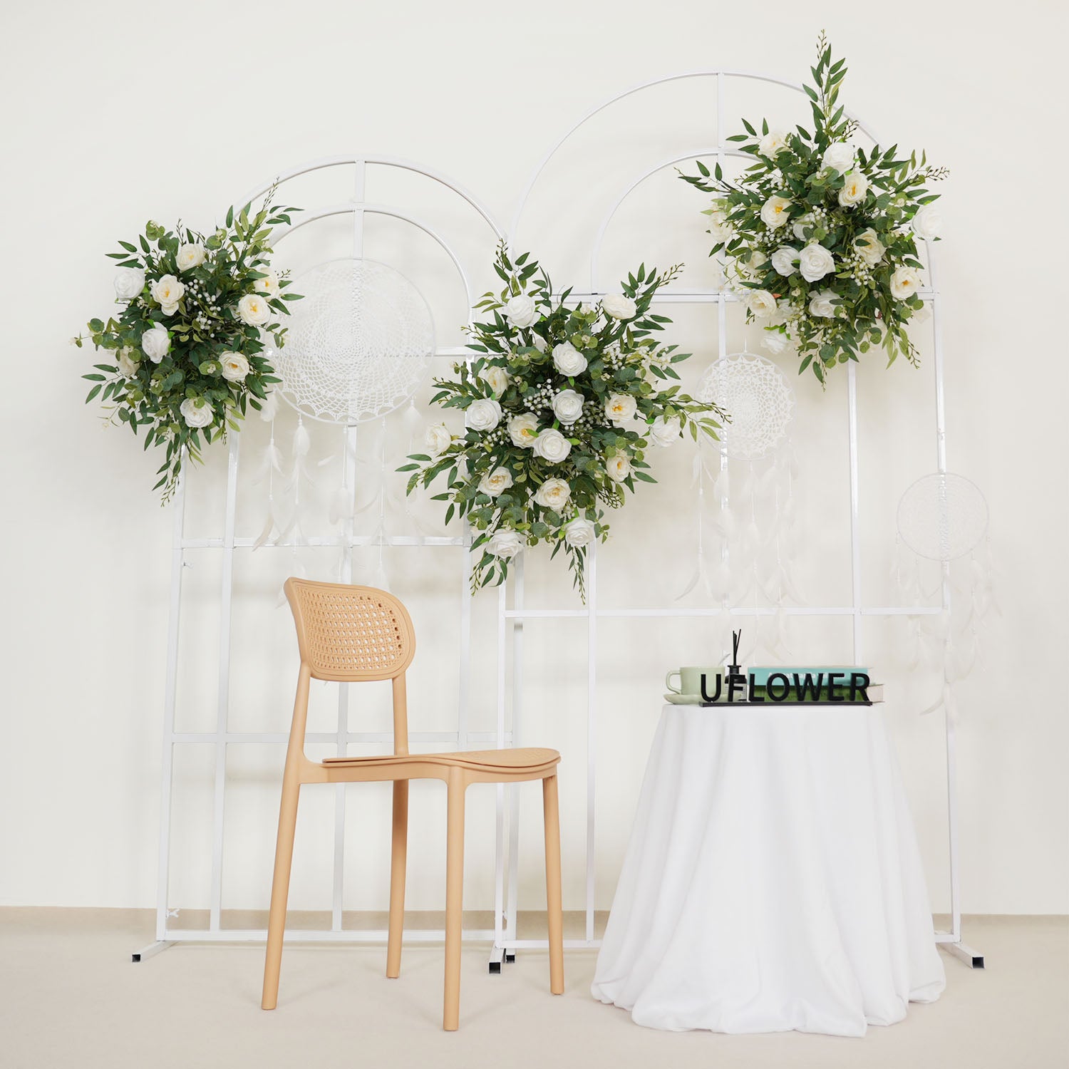Artificial White Green Wedding KT Backdrop Flower Row Decor