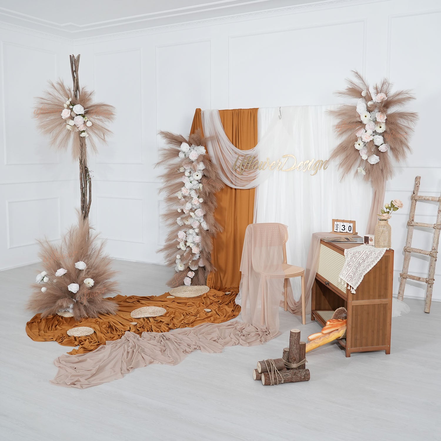 Uflower Pampas Grass Rose Wedding Floral Arrangement KT Backdrop Decor