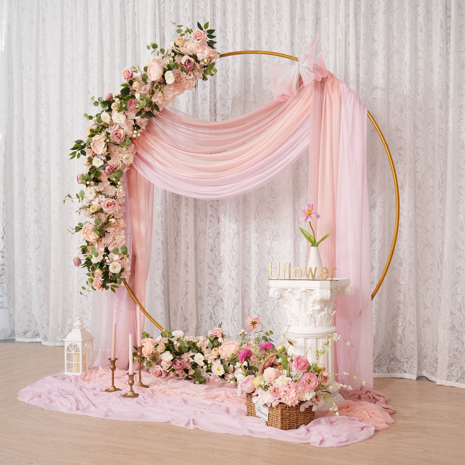Uflower Artificial Pink Rose Flower Row Wedding KT Backdrop Decor