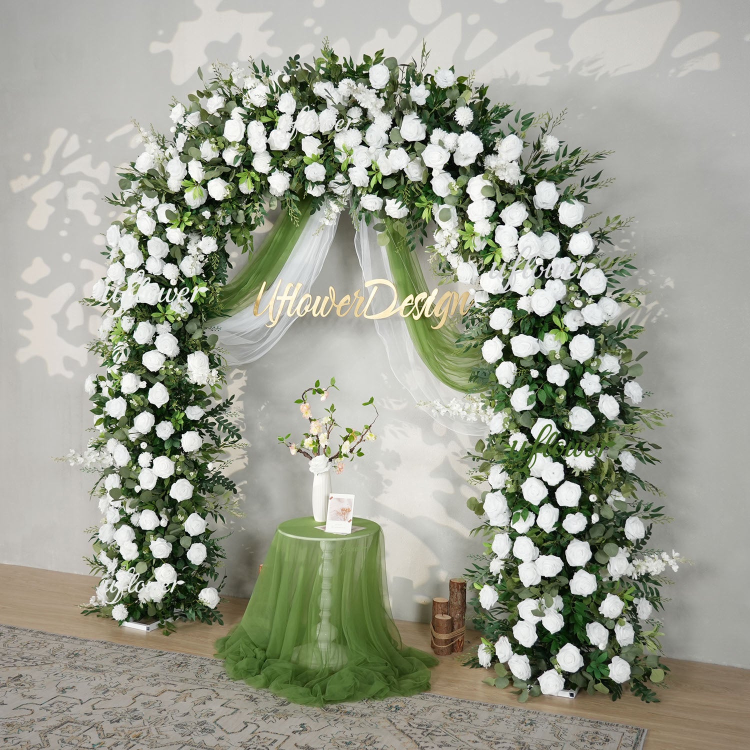 Uflower White Rose Green Leaf Floral Row Decor Wedding Backdrop Door Arch