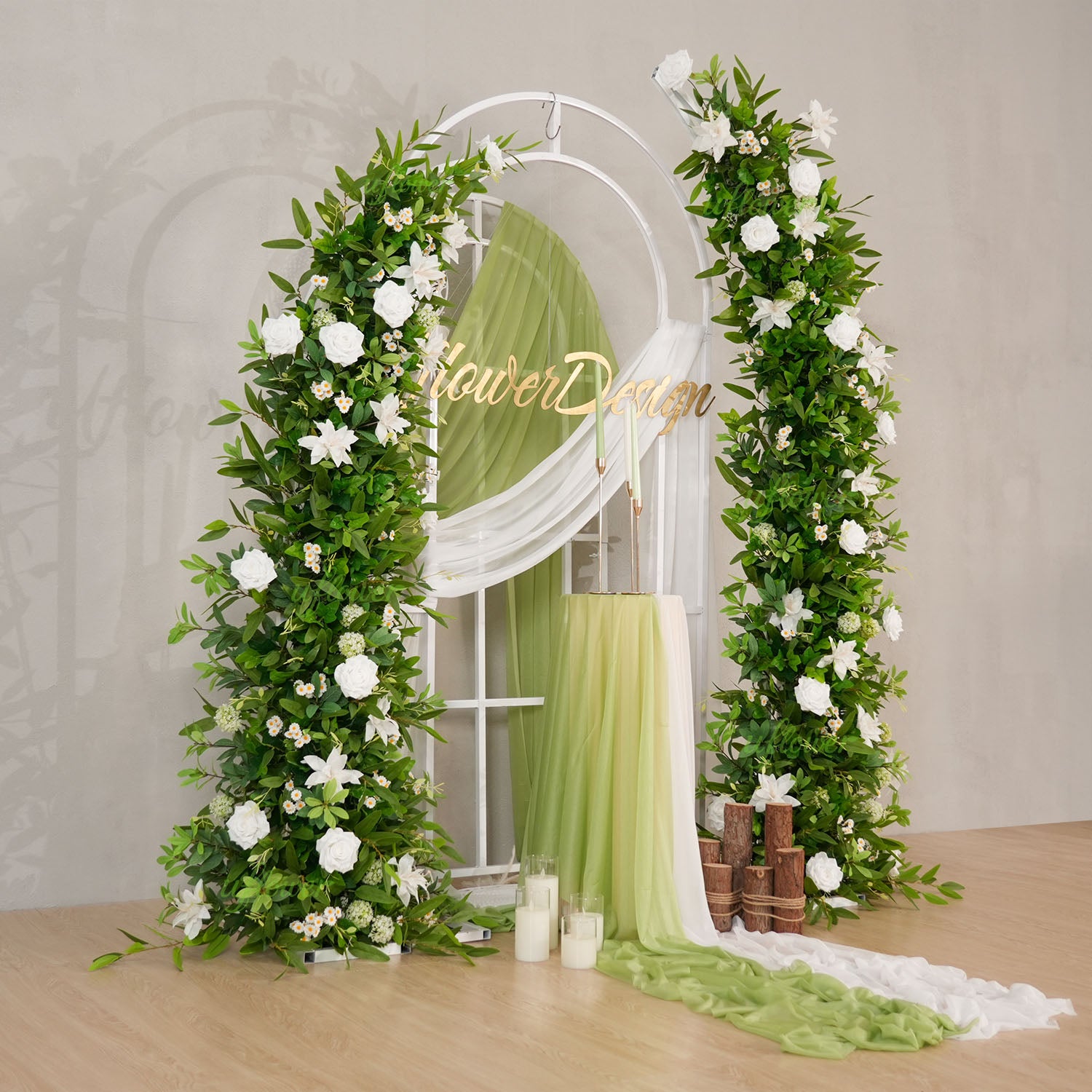 Uflower White Green Floral Arrangement Horn Arch Wedding Backdrop Props