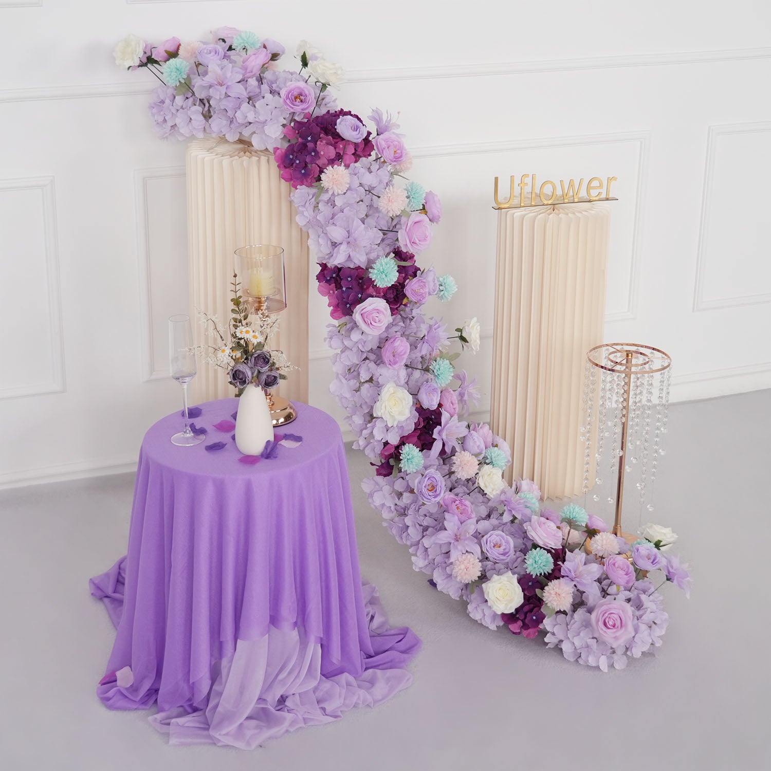 Uflower Purple Flower Row Sofa Table Runner Floor Flower Arrangement