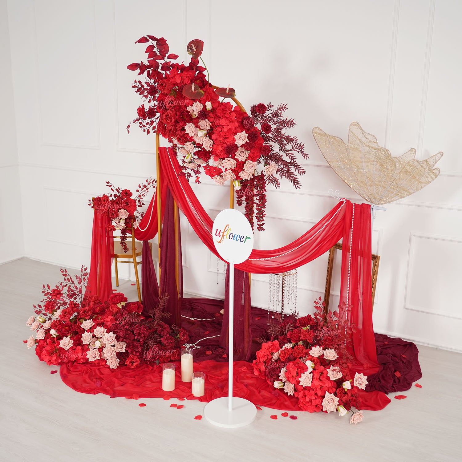 Uflower Red Floral Arrangement Wedding Backdrop Floral Props