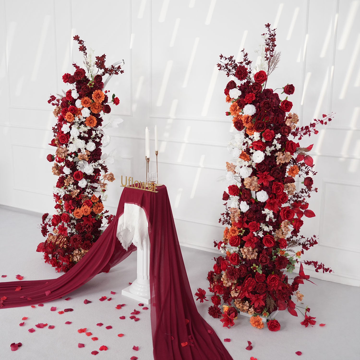 Uflower Autumn Red Rose Floral Horn Arch Wedding Party Backdrop Decor