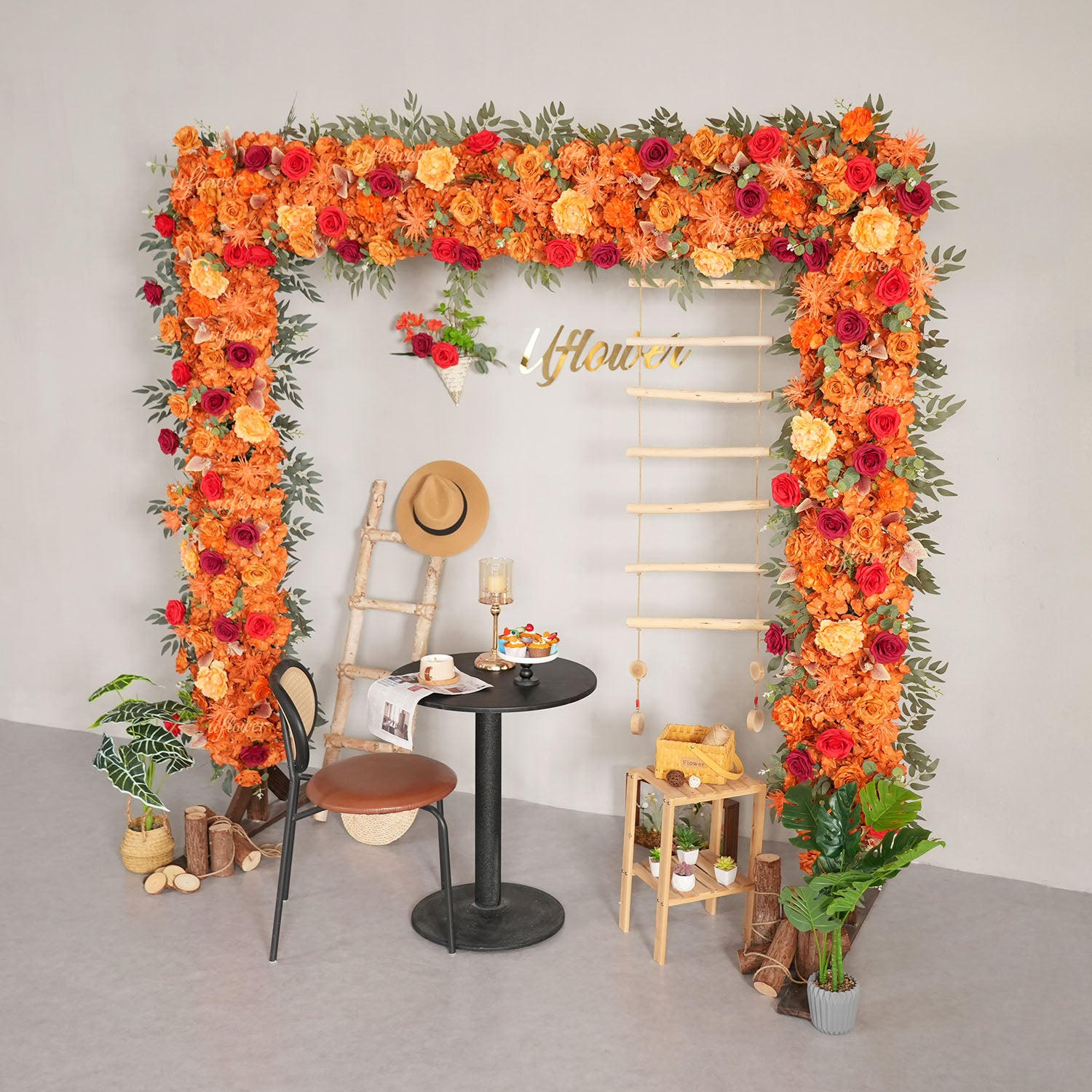 Uflower Orange Red Rose Floral Square Arch Wedding Party Ceremony Backdrop Decor
