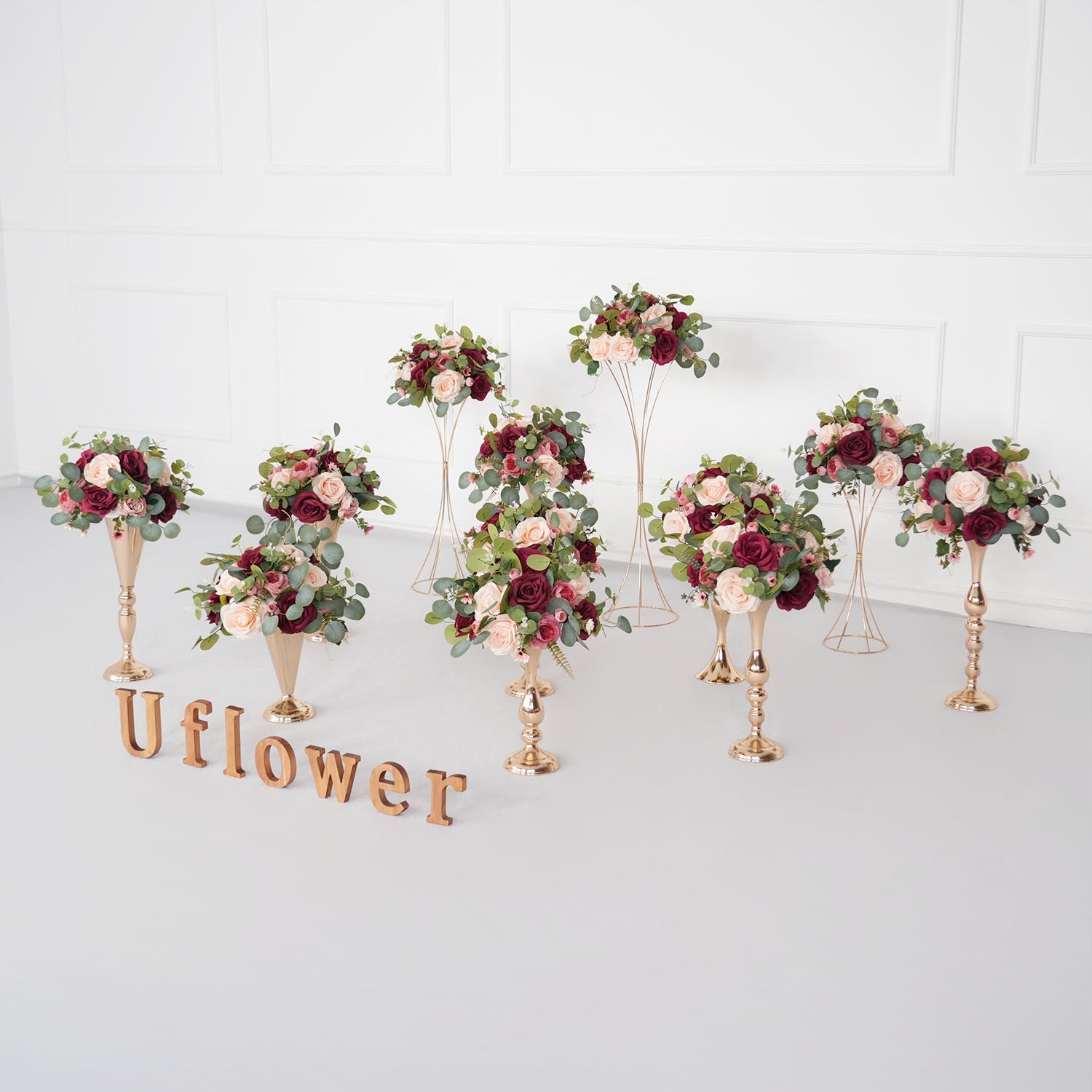 Uflower Red Rose Green Leaf Table Centerpieces Floral Ball Wedding Decoration