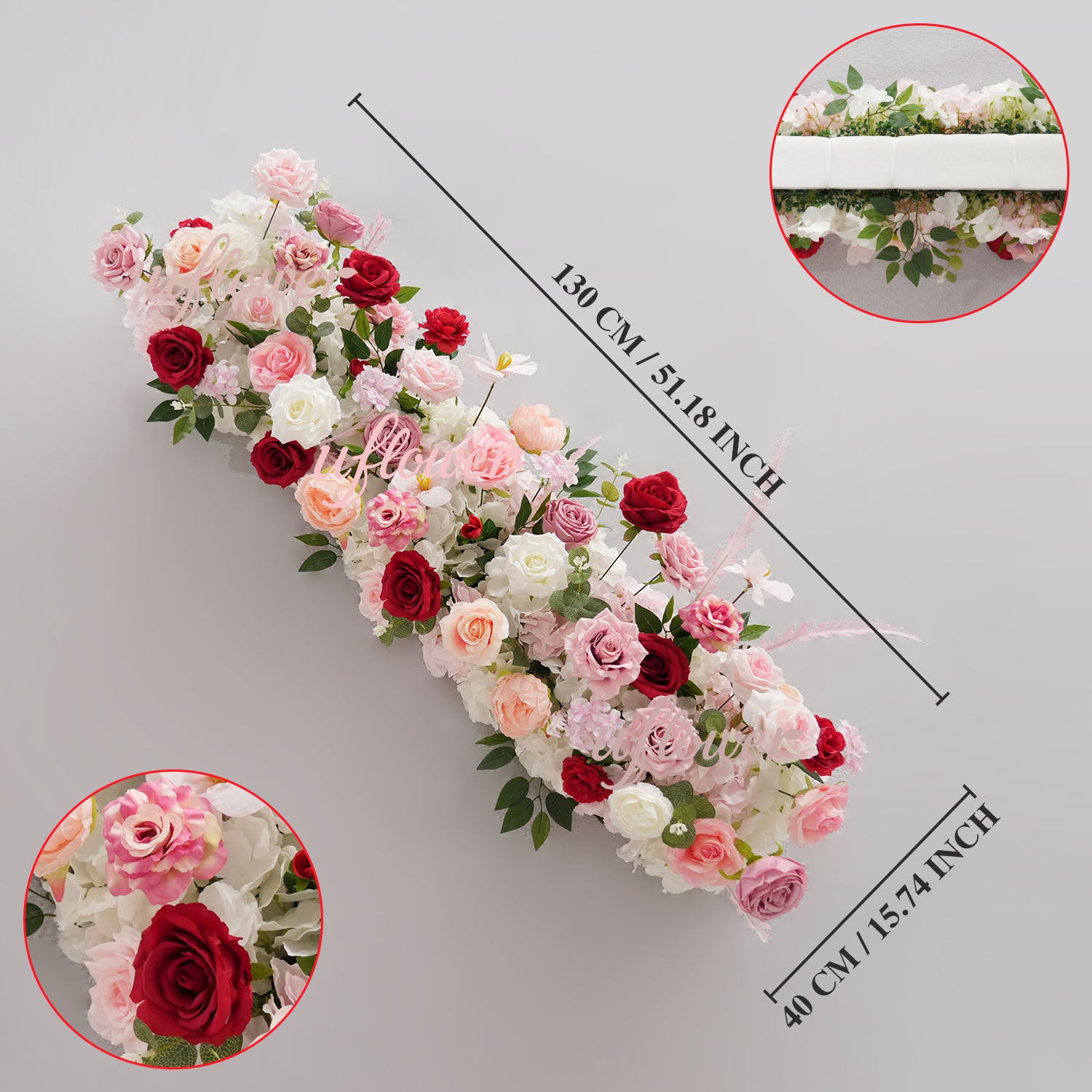 Uflower Pink White Rose Table Runner Sofa Floral Wedding Backdrop Decor