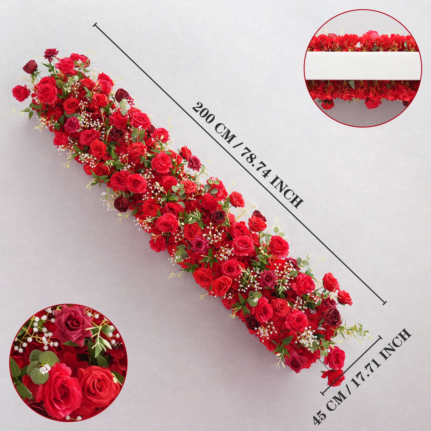 Uflower Artificial Red Rose Babysbreath Green Leaf Flower Row Wedding KT Backdrop Decor