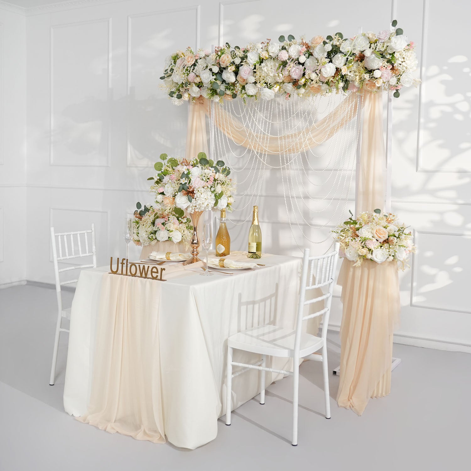 Artificial Champagne Pink White Rose Flower Arrangement Wedding Backdrop Decor Props