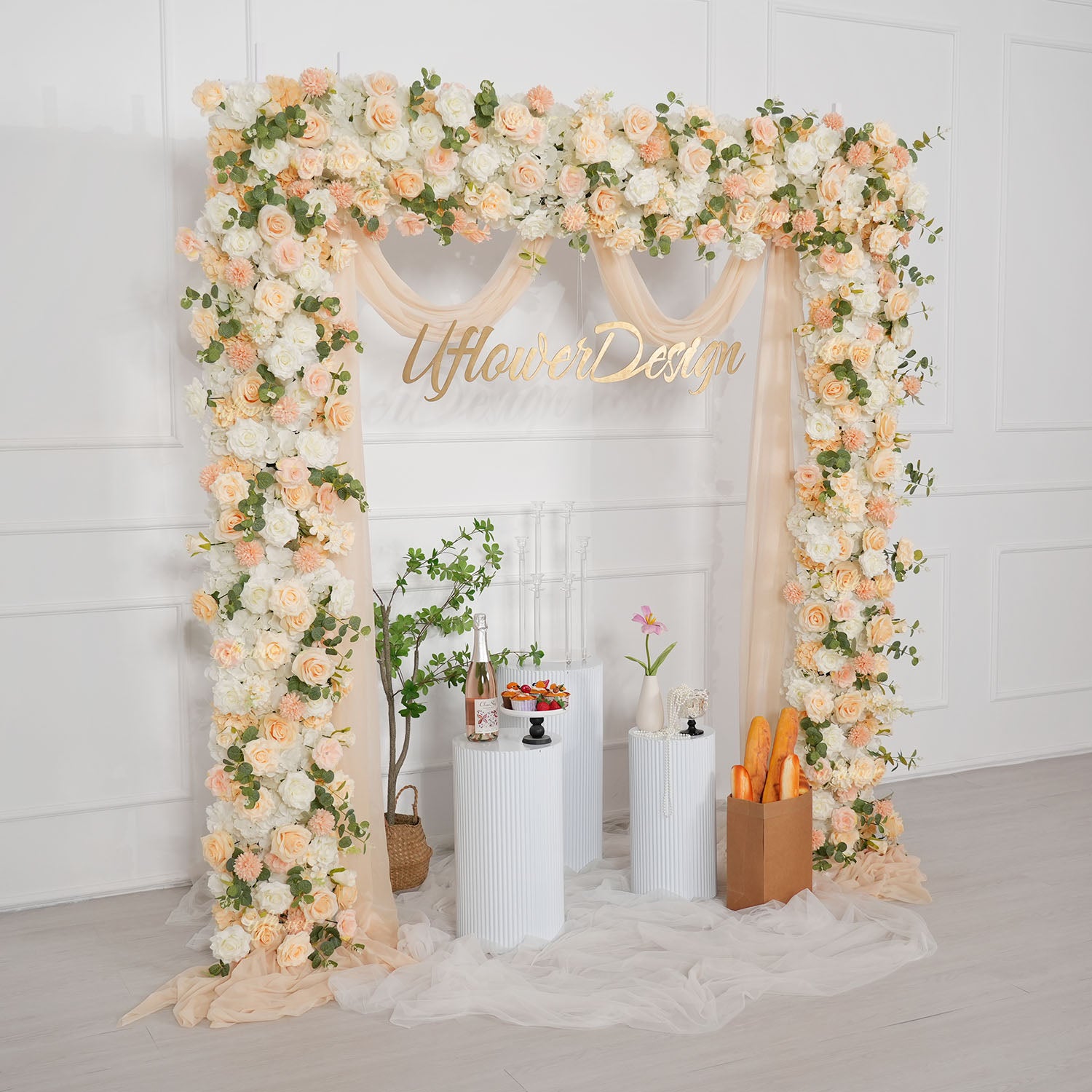 Uflower Champagne Rose Floral Square Arch Wedding Party Backdrop Decoration