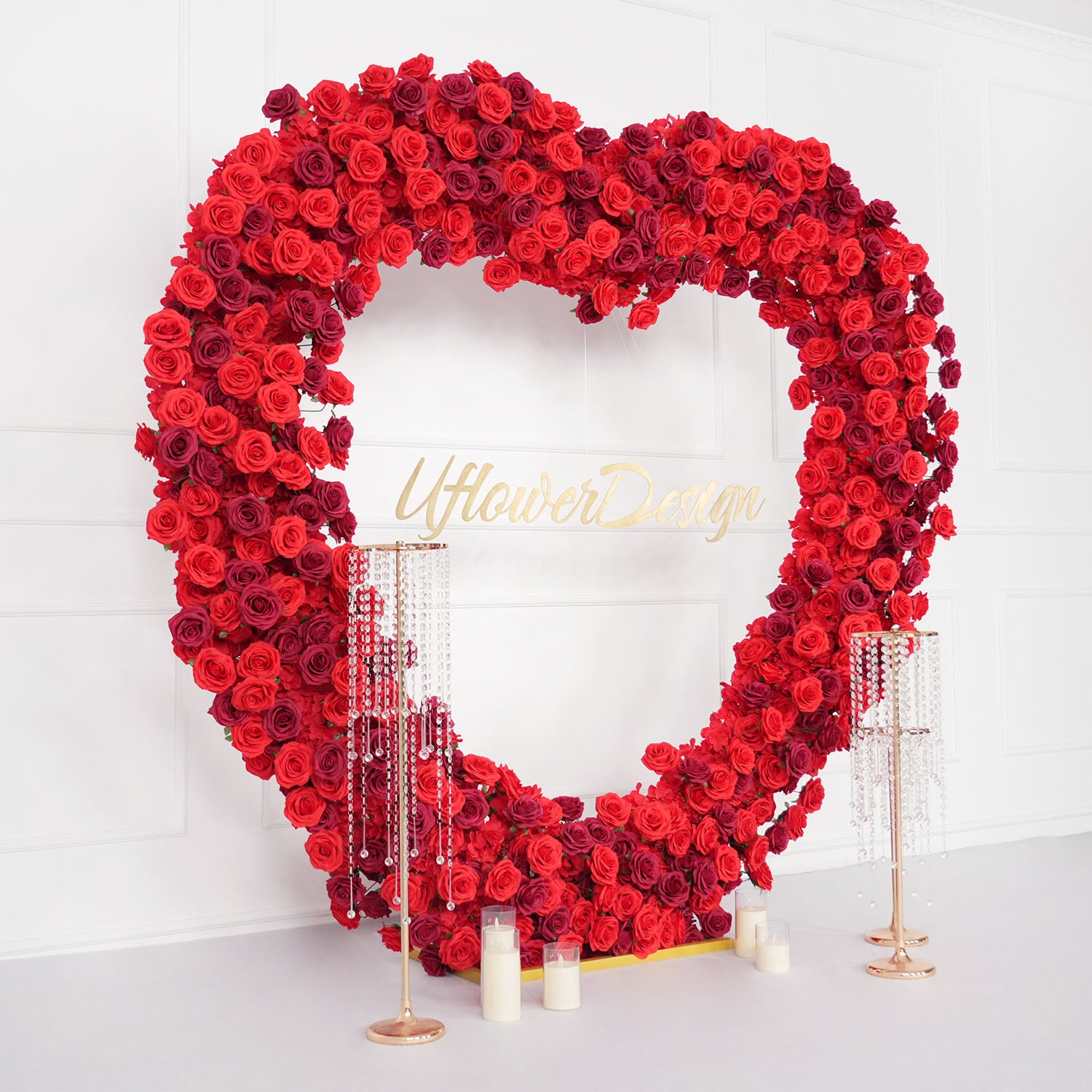 Uflower Luxury Red Rose Floral Arrangement Cloth Base Heart-Shaped Arch Props