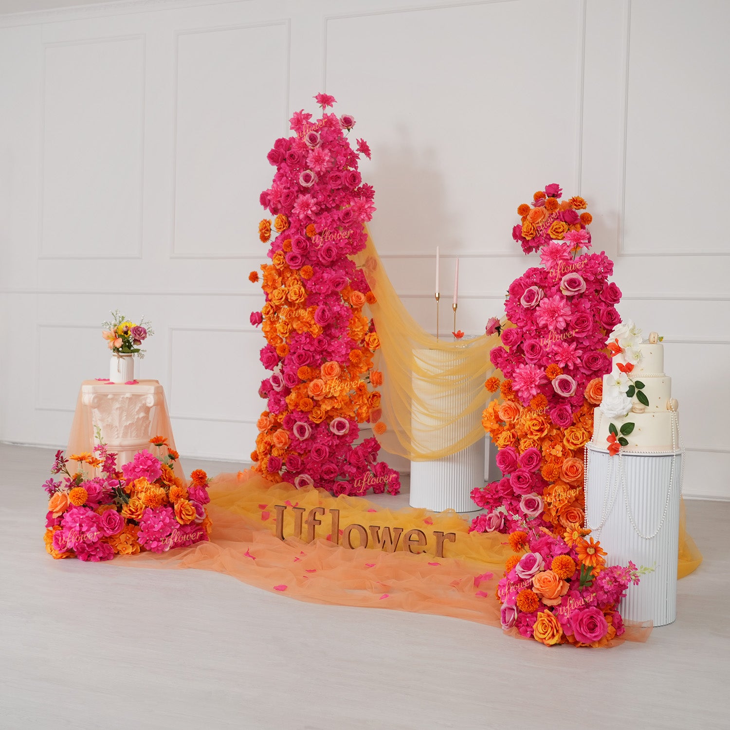 Uflower Rose Red Orange Flower Wedding Backdrop Arch Floral Arrangement