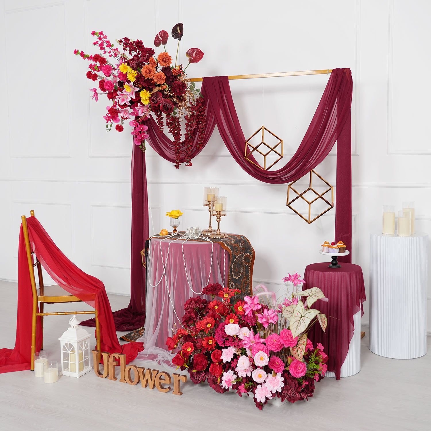 Uflower Red Pink Flower Arrangement Wedding Party Backdrop Floral Props