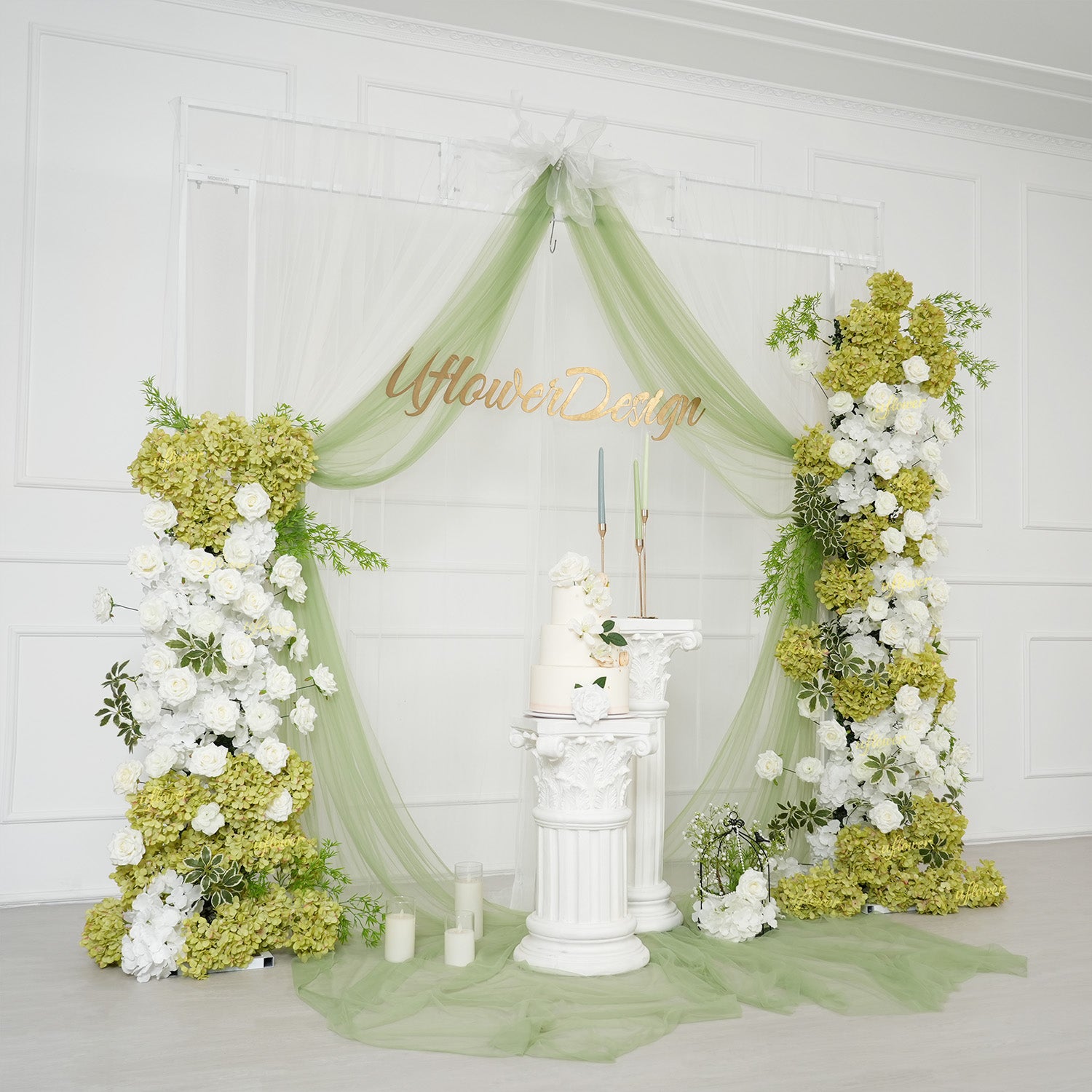 Uflower Artificial Green White Hydrangea Rose Flower Row Wedding KT Backdrop Decor