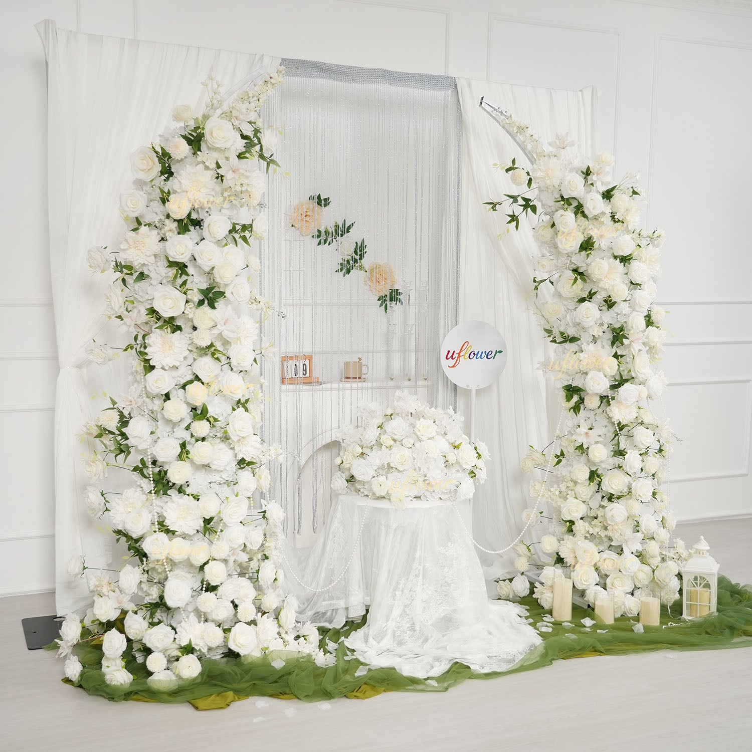 Uflower White Dahlia Floral Horn Arch Wedding Party Backdrop Decor