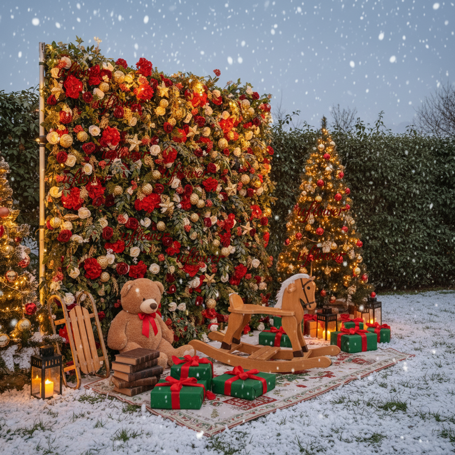 Uflower Christmas Red Gold Flower Wall  Luxurious Star & Ball Decorated Floral Backdrop Holiday Party Decor