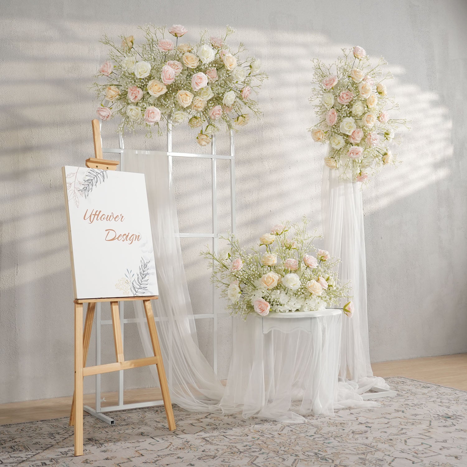 Uflower Champagne White Babysbreath Rose Arrangement Wedding KT Backdrop Decor
