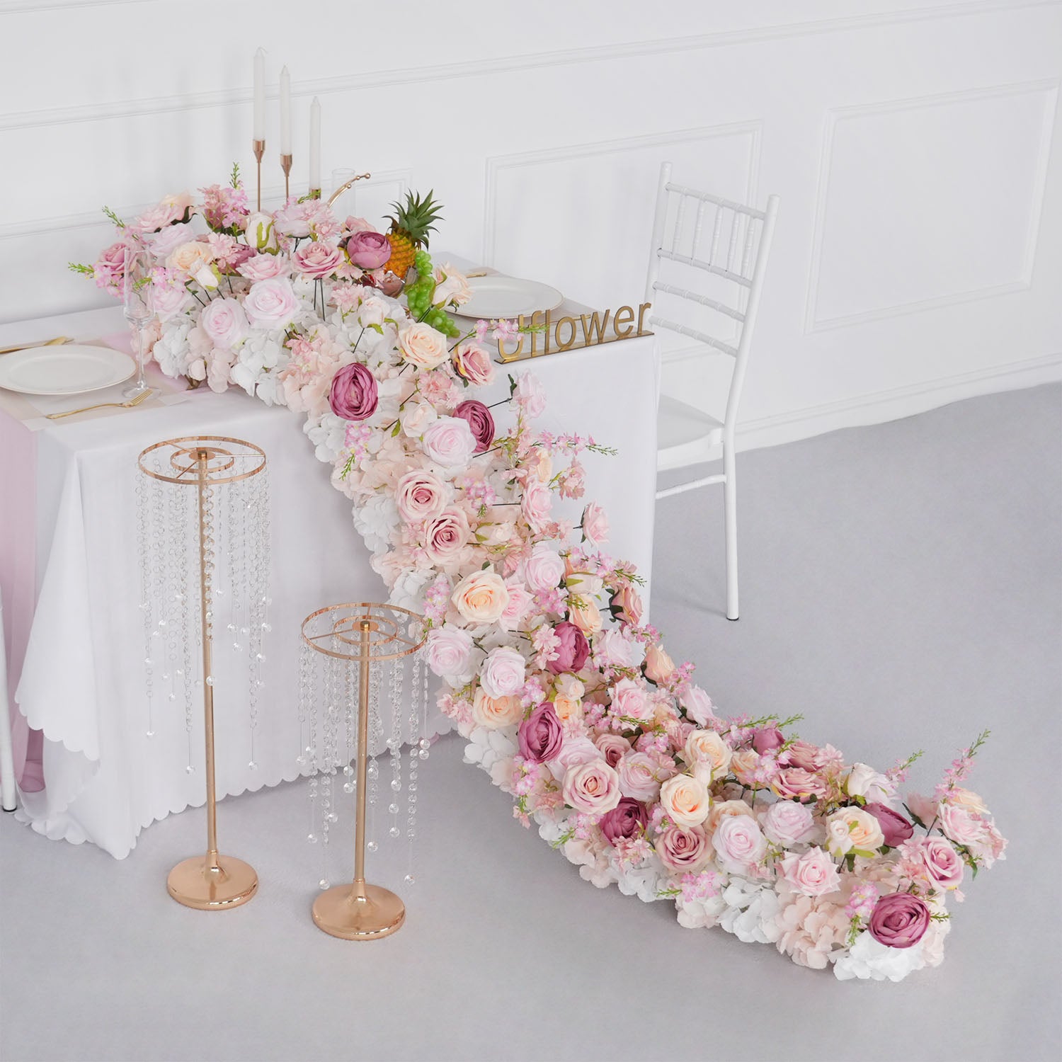 Uflower Pink Rose Sofa Table Runner Floor Flower Arrangement