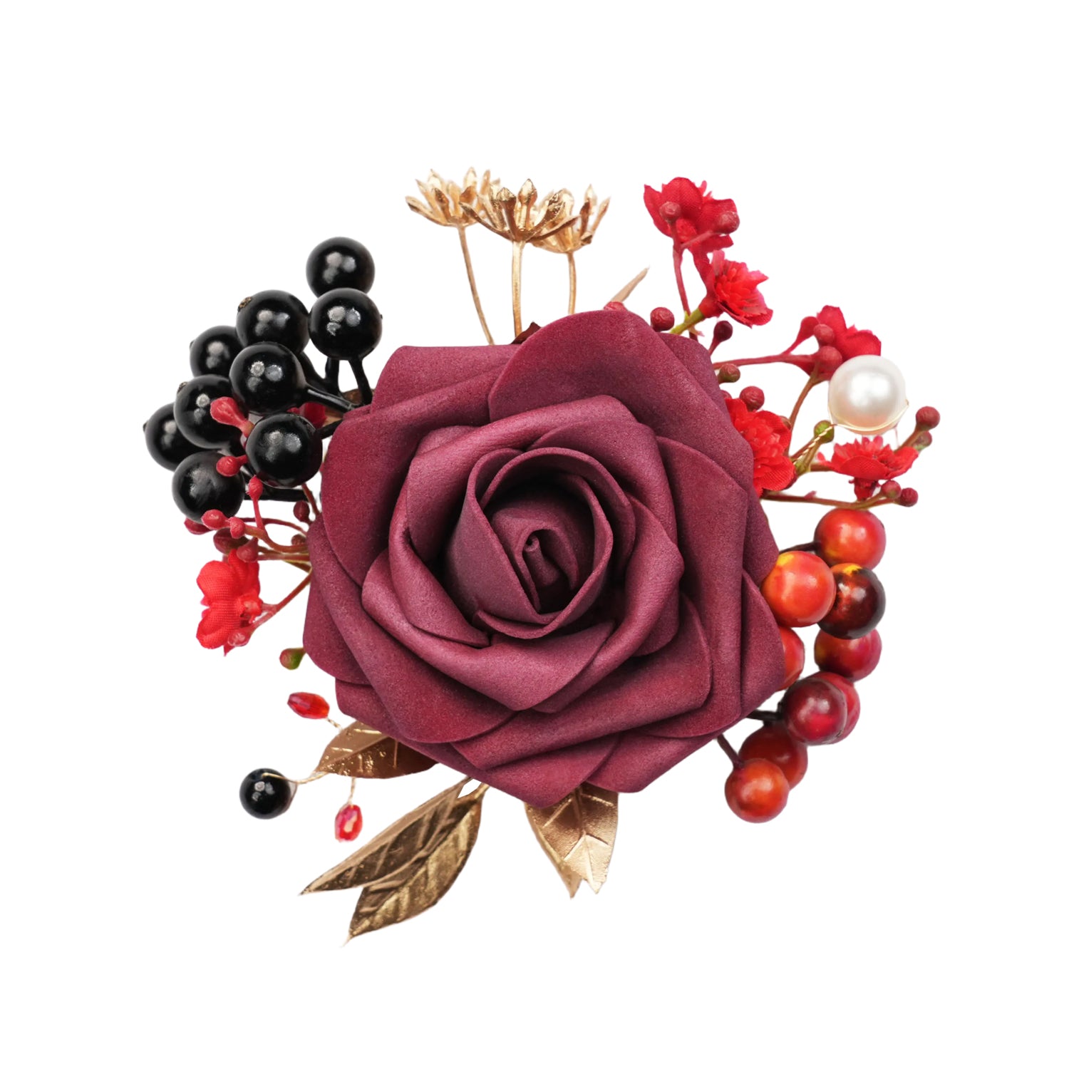 Uflower Black Burgundy Bride Bouquet Wrist Corsage Groom Boutonniere Set Wedding Event Supplies