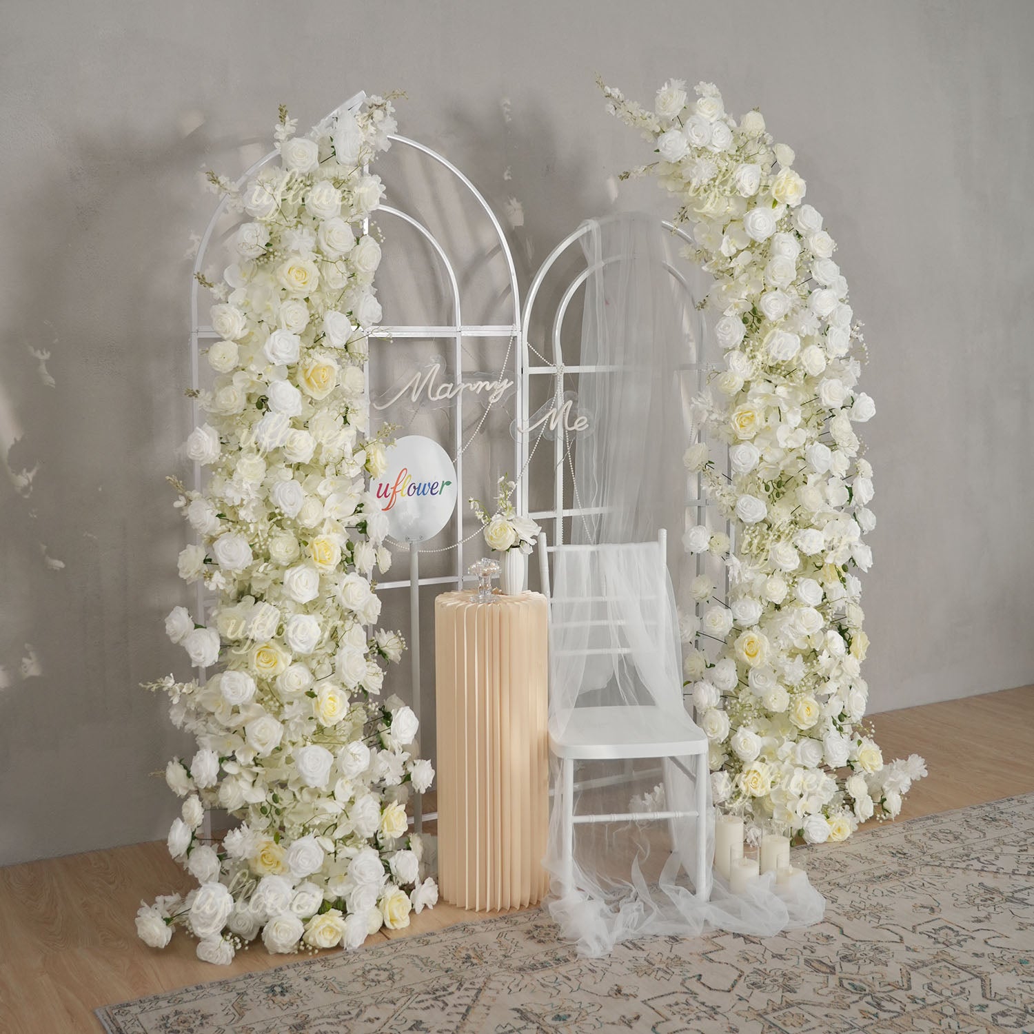 Uflower White Rose Horn Arch Floral Arrangement Wedding Backdrop Decor