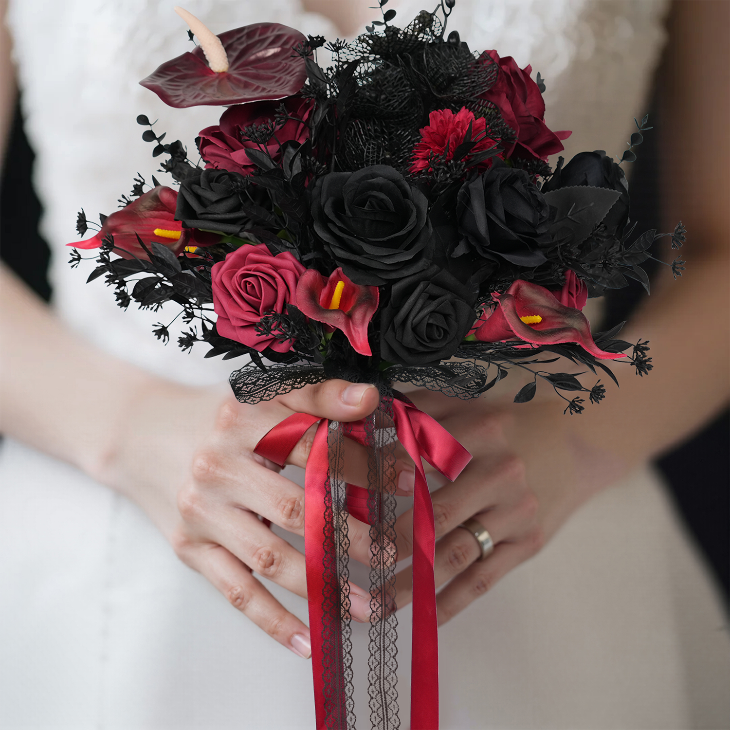 Uflower Black Burgundy Bride Bouquet Wrist Corsage Groom Boutonniere Set Wedding Event Supplies