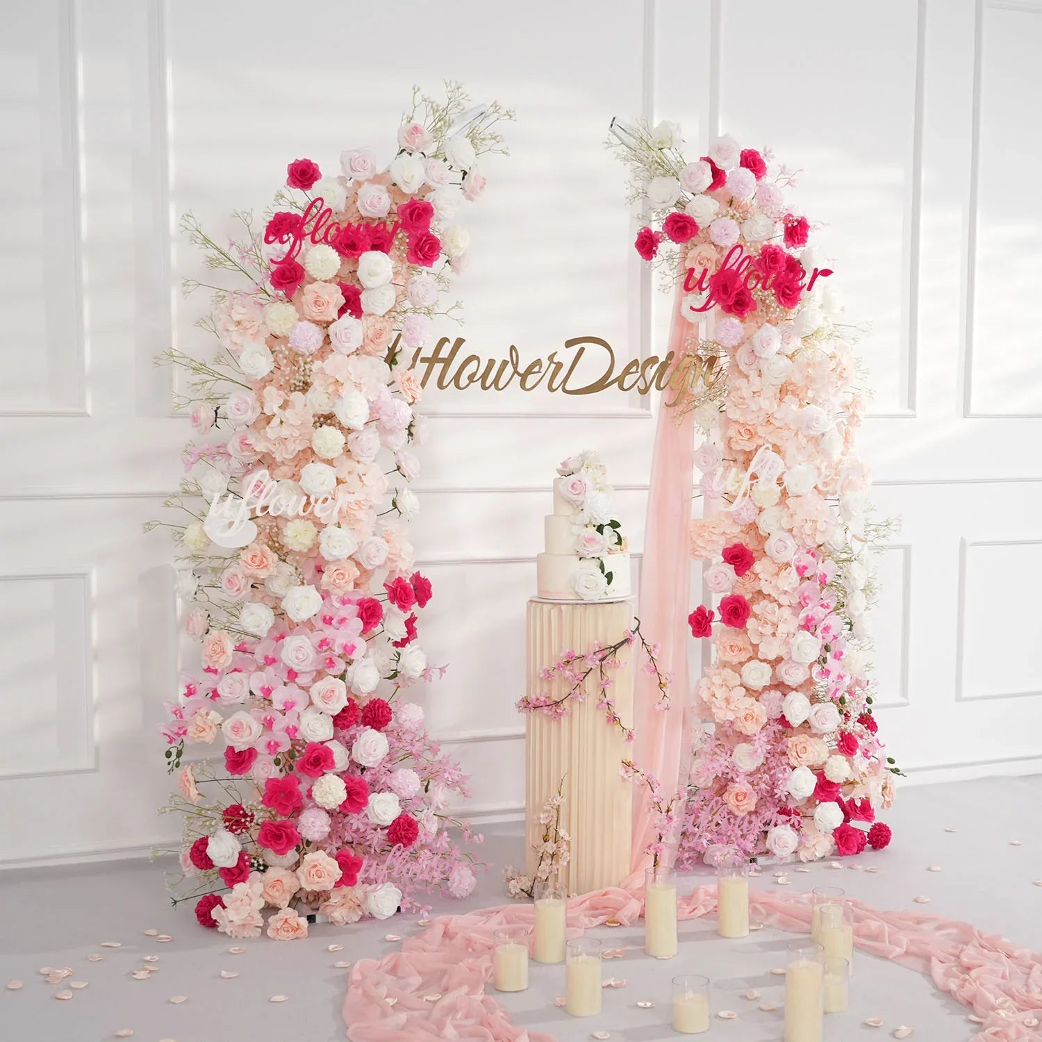 Uflower Pink White Floral Horn Arch Wedding Party Backdrop Decor SET80103-01 - Uflower