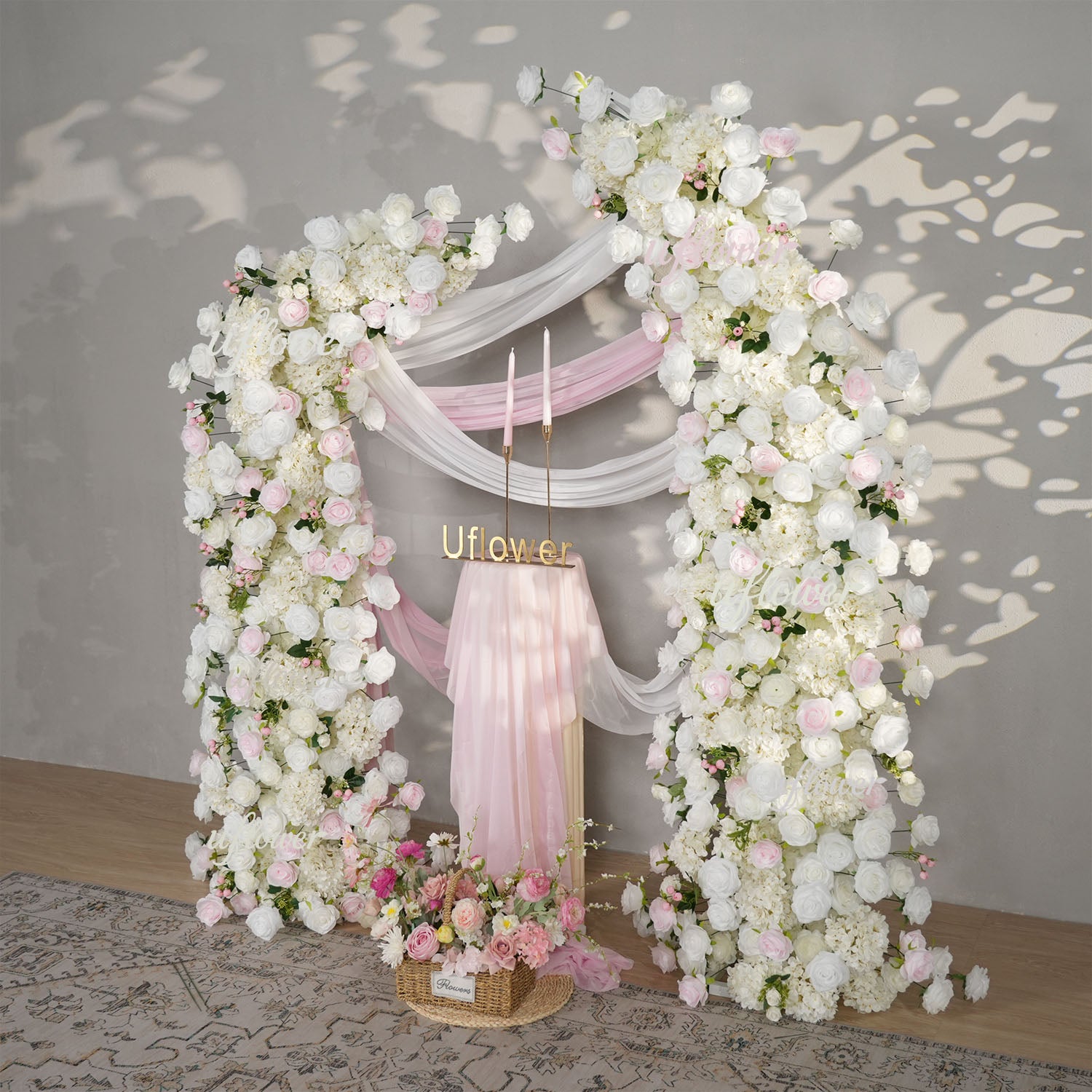 Uflower Pink White Rose Floral Horn Arch Wedding Party Backdrop Decor