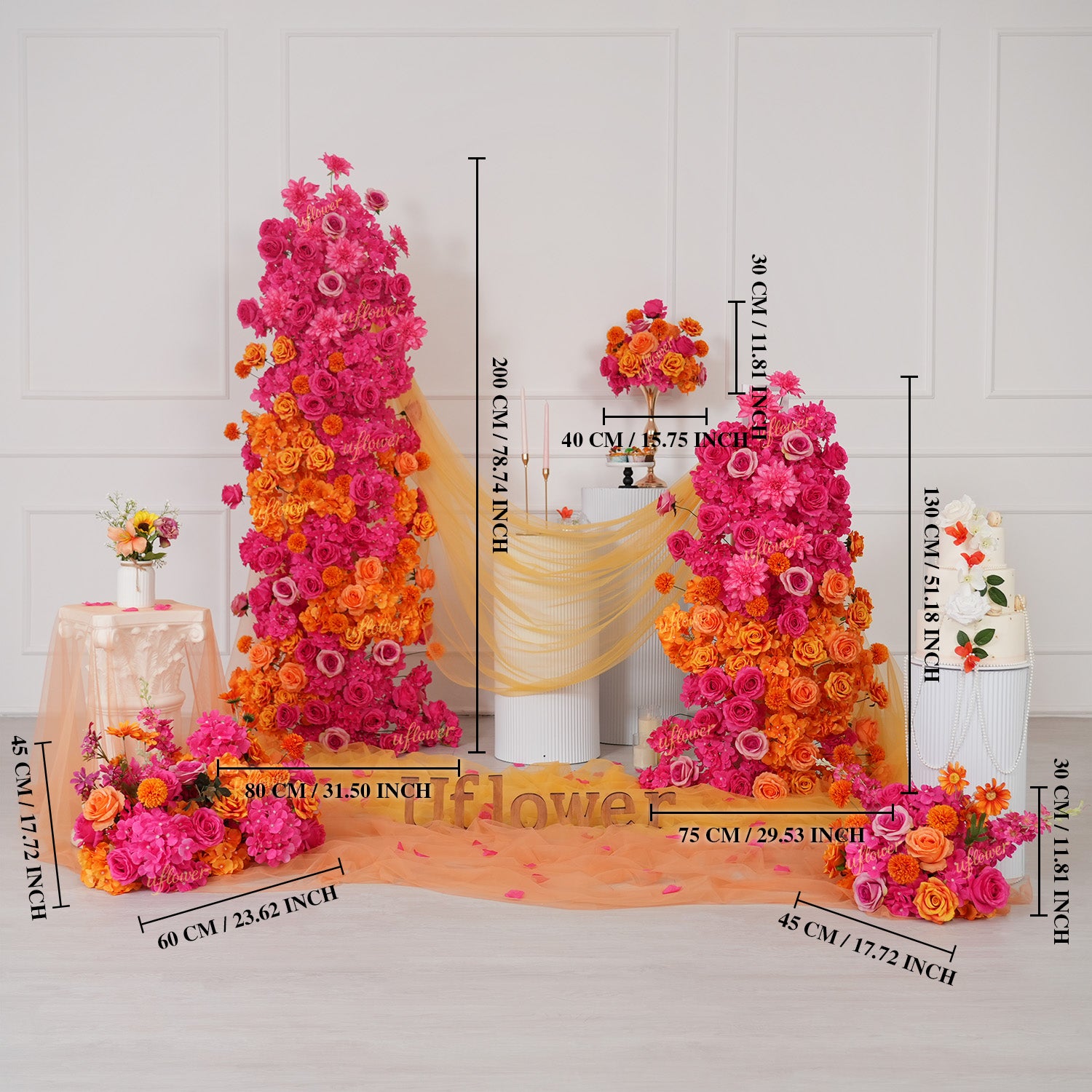 Uflower Rose Red Orange Flower Wedding Backdrop Arch Floral Arrangement