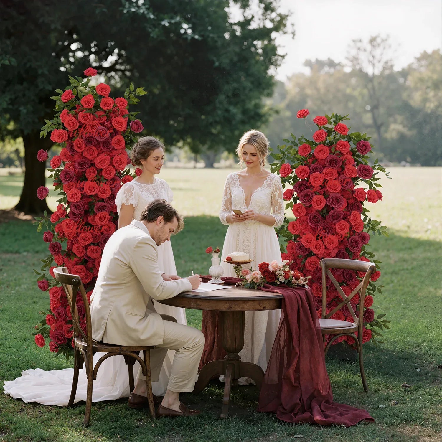 Artificial Red Rose Wedding KT Background Board Decor Flower Row - Uflower