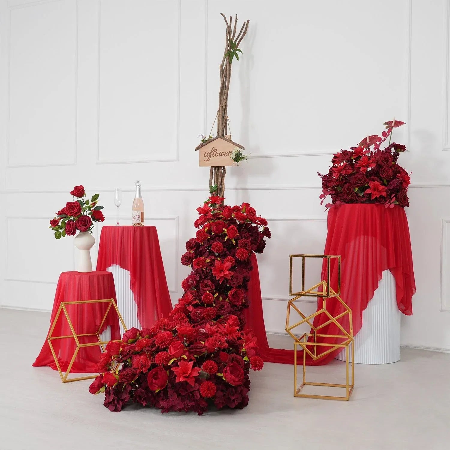 Uflower Dark Red Rose Flower Row Decor KT Board Wedding Arrangement Props SET80210 - Uflower