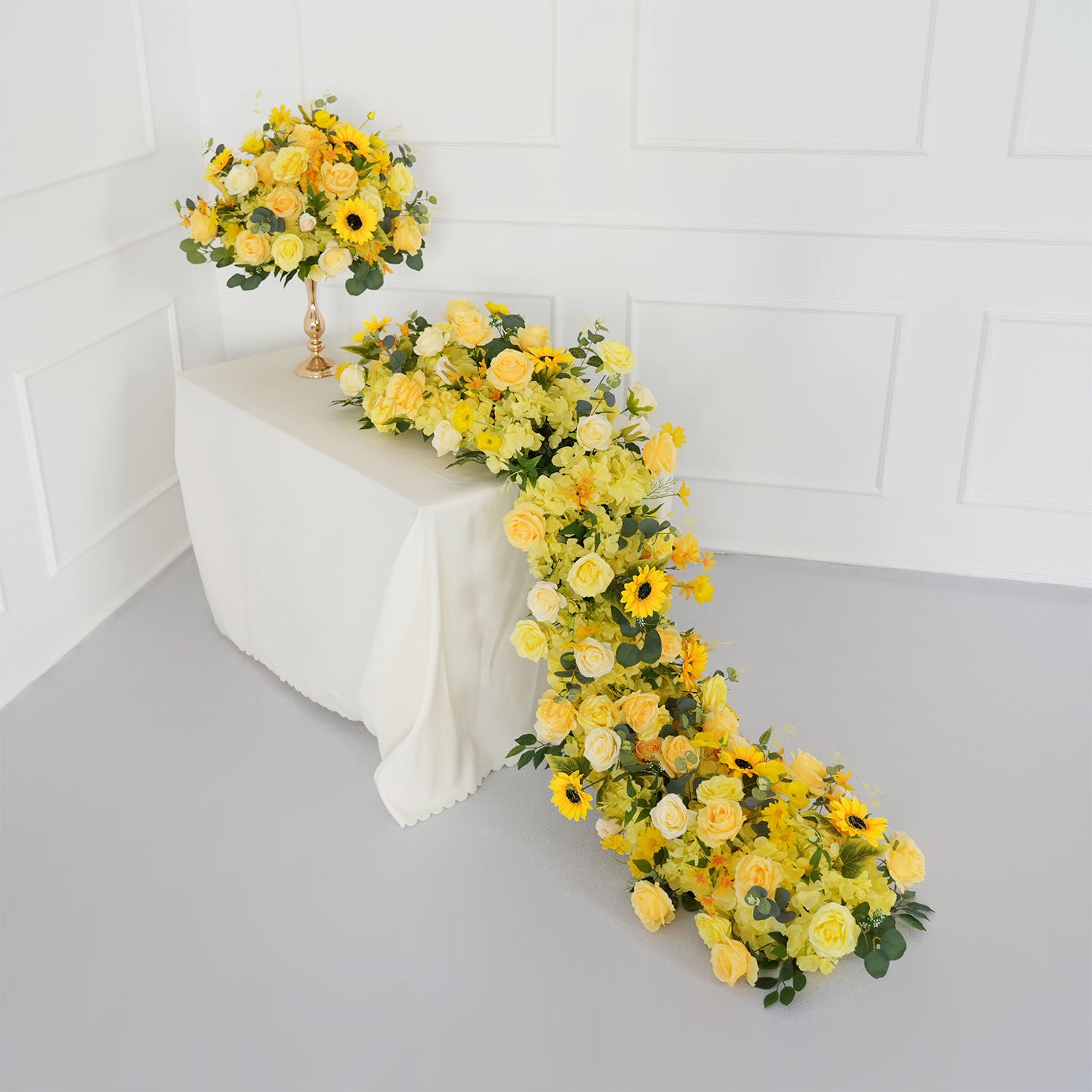 Uflower Yellow Rose Sunflower Table Runner Sofa Floral Wedding Backdrop Decor