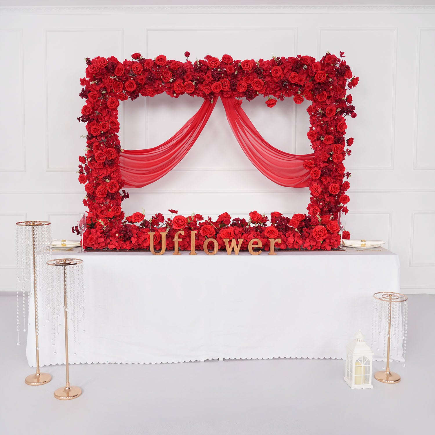 Uflower Red Rose Floral Square Arch Wedding Party Backdrop Decoration