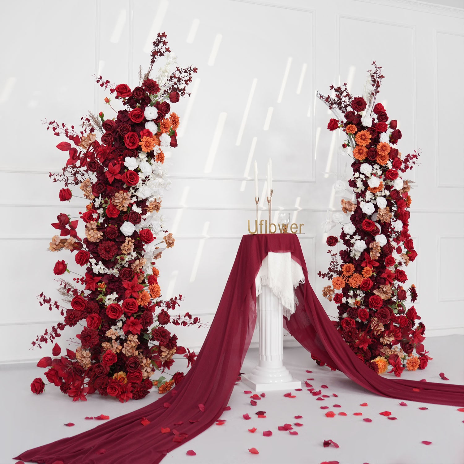 Uflower Autumn Red Rose Floral Horn Arch Wedding Party Backdrop Decor