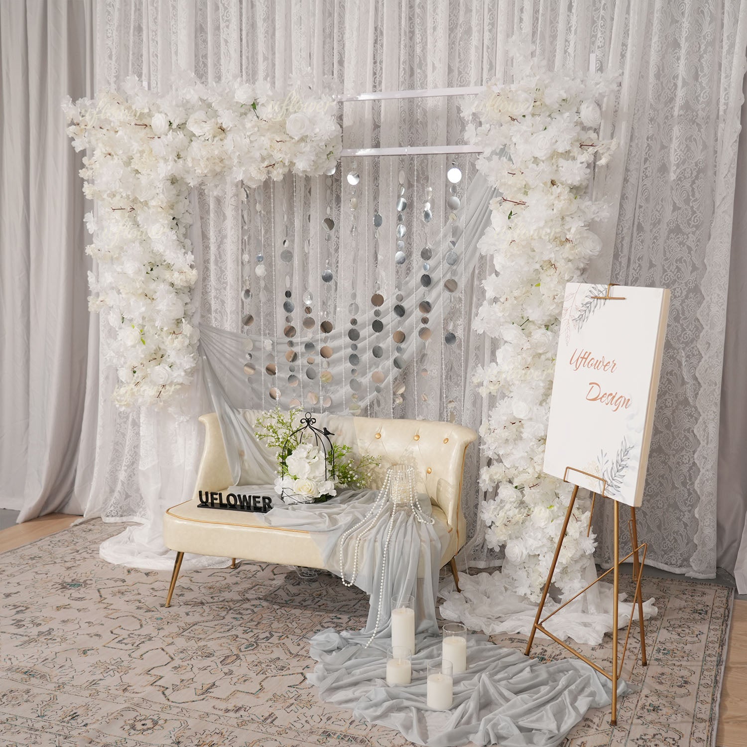 Uflower White Cherry Blossom Flower Row Wedding KT Backdrop Decor