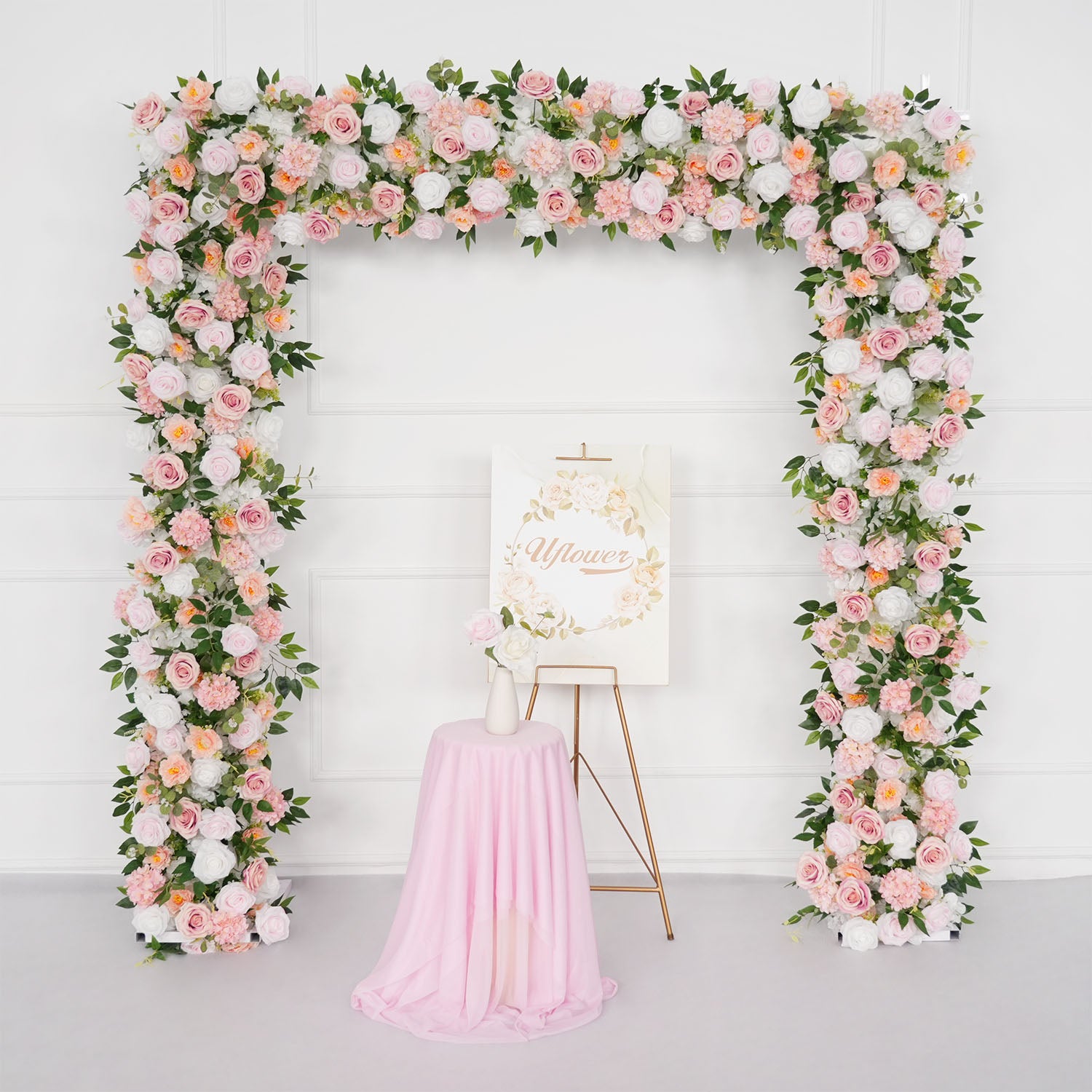 Uflower White Pink Rose Floral Square Arch Wedding Party Backdrop Decoration
