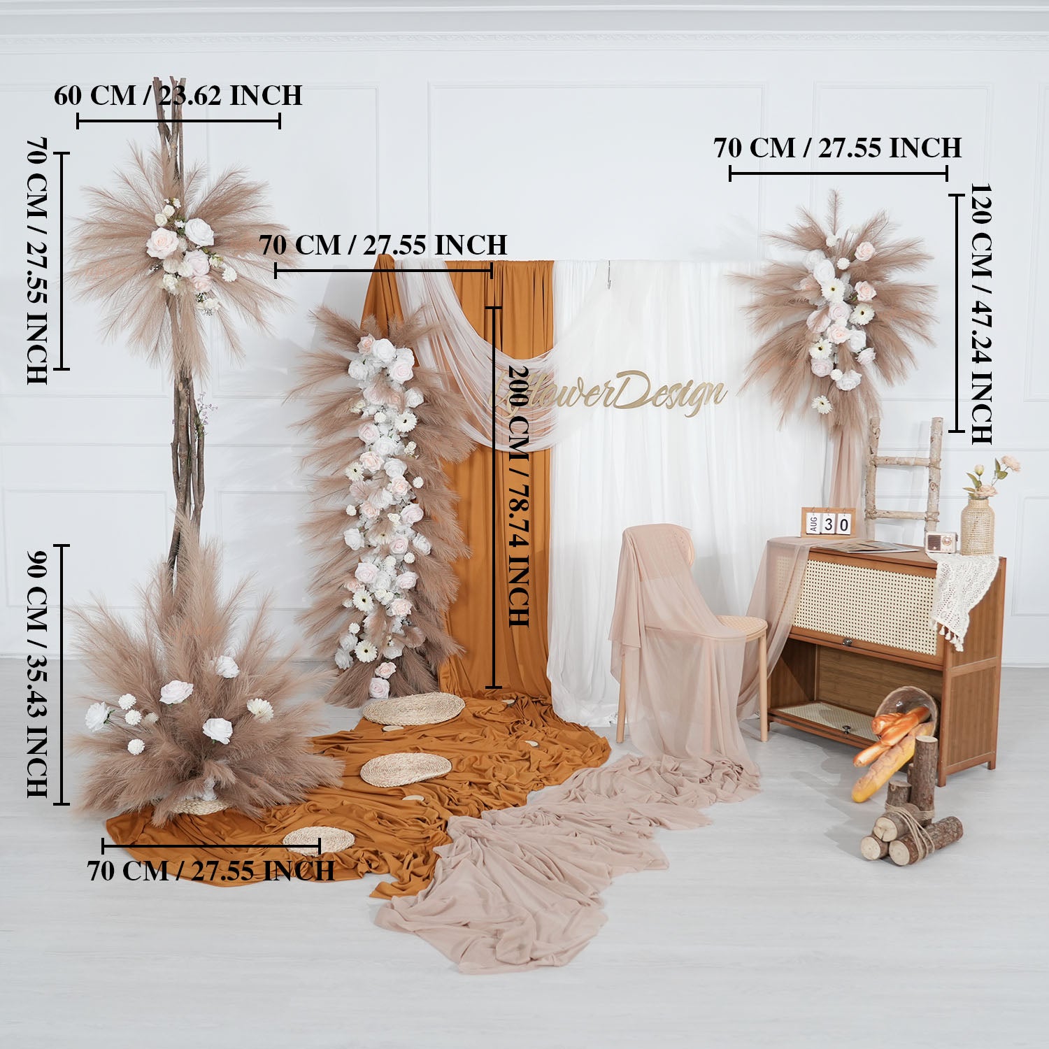 Uflower Pampas Grass Rose Wedding Floral Arrangement KT Backdrop Decor