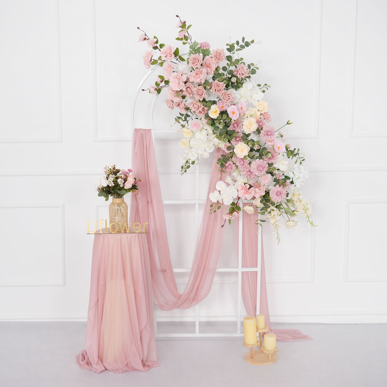 Uflower Artificial Pink Rose Green Leaf Flower Row Wedding KT Backdrop Decor