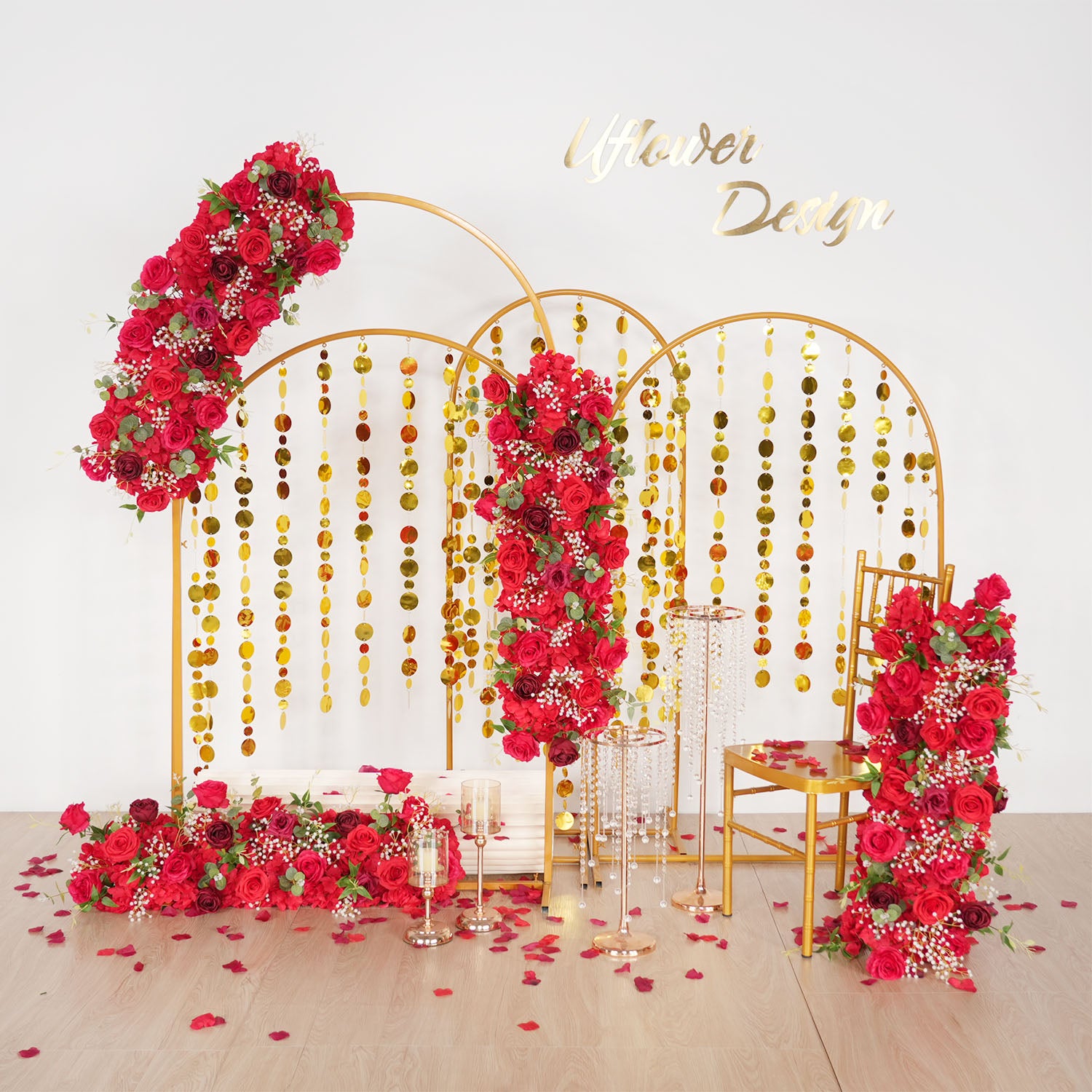 Uflower Artificial Red Rose Babysbreath Green Leaf Flower Row Wedding KT Backdrop Decor