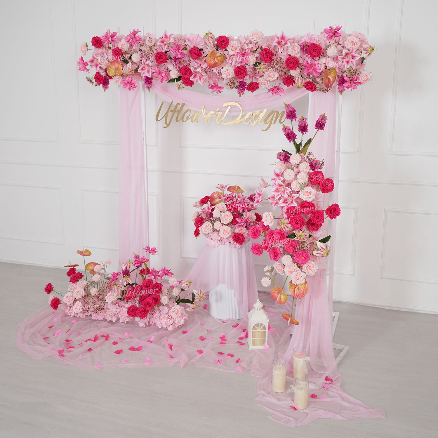 Uflower Rose Pink Floral Arrangement Wedding Backdrop Floral Props