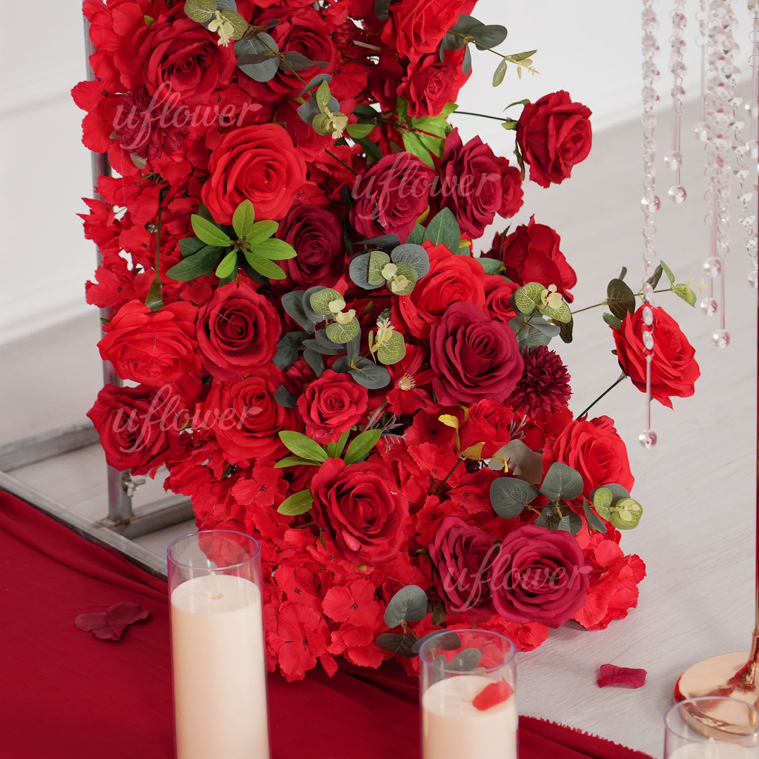 Uflower Red Rose Greenery Floral Door Arch Wedding Party Backdrop Decoration