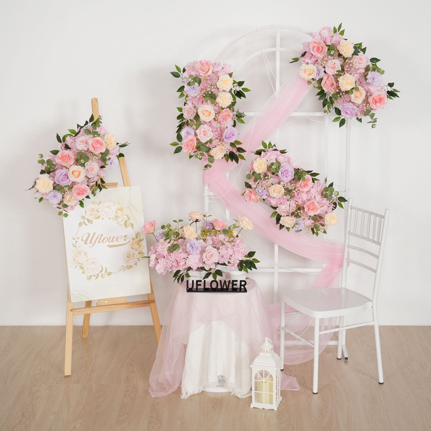 Uflower Artificial Pink Purple Rose Green Leaf Flower Row Wedding KT Backdrop Decor