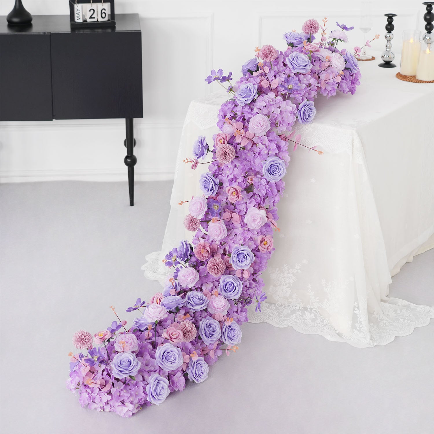 Uflower Purple Rose Table Runner Sofa Floral Wedding Backdrop Decor